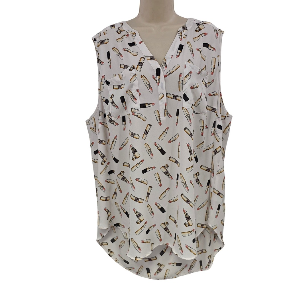 Torrid Harper Tunic‎ Top Women 4 White Lipstick Print Sleeveless Pockets Makeup